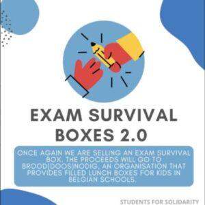 A picture our logo from the examsurvival boxes. Text read as "Exam survival boxes 2.0 Once again we are selling an exam survival box. The proceeds will go to Brood(doos)nodig, an organization that provides filled lunch boxes for kids in Belgian schools.