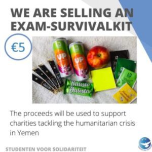Picture of the content of our survivalkit with energy drink, tea, coffee, apple, post-its, cookies. Text under and over of picture. Text read as " We are selling an exam-survivalkit. The proceeds will be used to support charities tackling the humanitarian crisis in Yemen