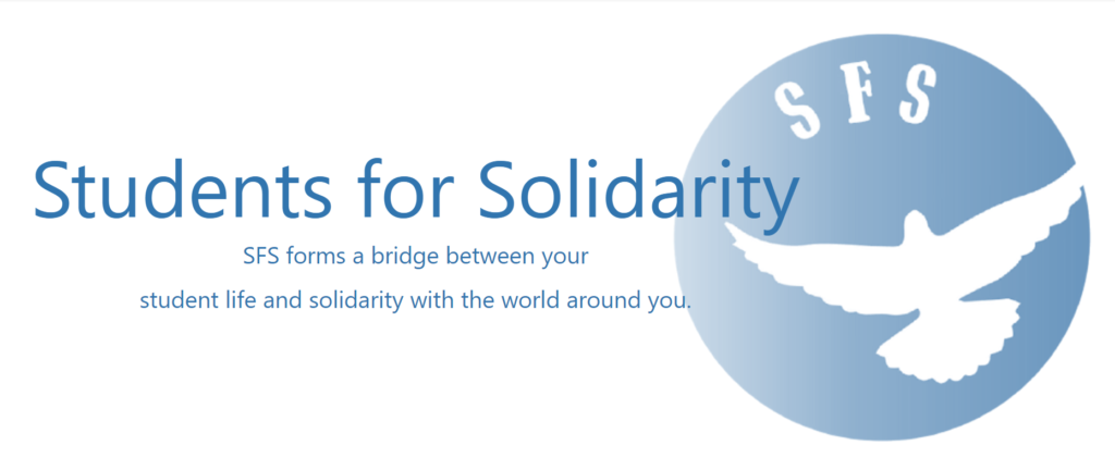 SVS slogan with logo in the background read as "Students for solidarity SVS forms bridge between your student life and solidarity with the world around you"